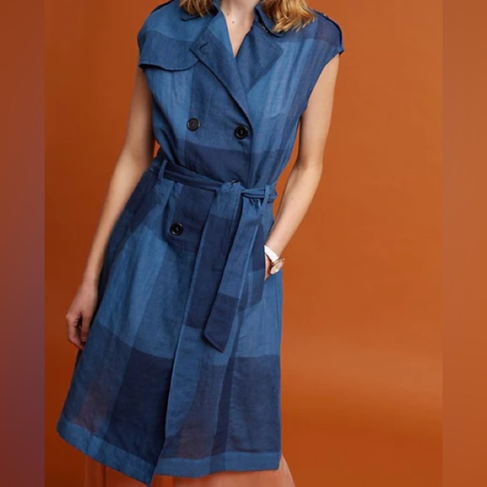 Anthropologie Blue Plaid Trench/Dress with Pockets